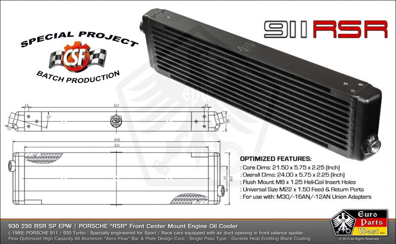 CSF Universal Single-Pass Oil Cooler w/ Direct Fitment for Porsche 911 center front oil cooler (RSR Style) - M22 x 1.5 connections - 24'L x 5.75'H x 2