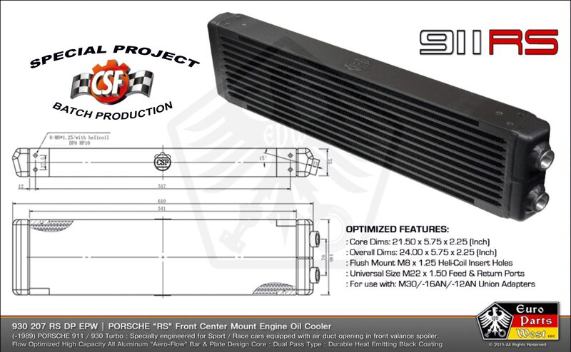 CSF Universal Dual-Pass Oil Cooler w/ Direct Fitment for Porsche 911 center front oil cooler (RS Style) - M22 x 1.5 connections - 24'L x 5.75'H x 2.16