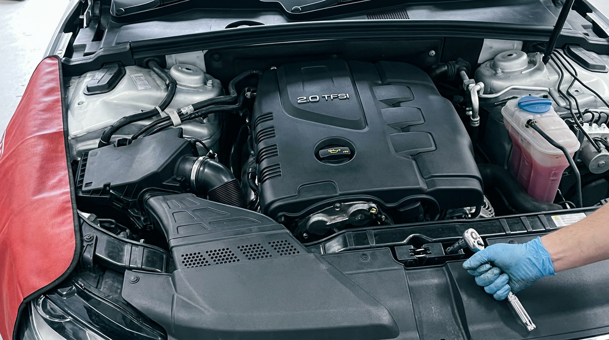 Audi 2.0 TFSI engine bay during a service