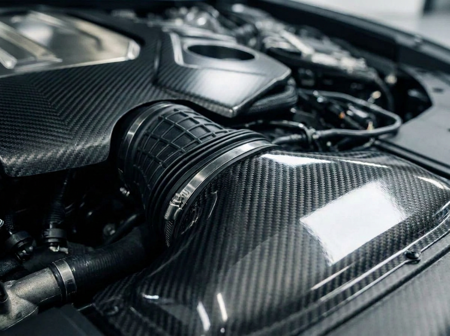 Carbon fibre intake in an Audi engine bay