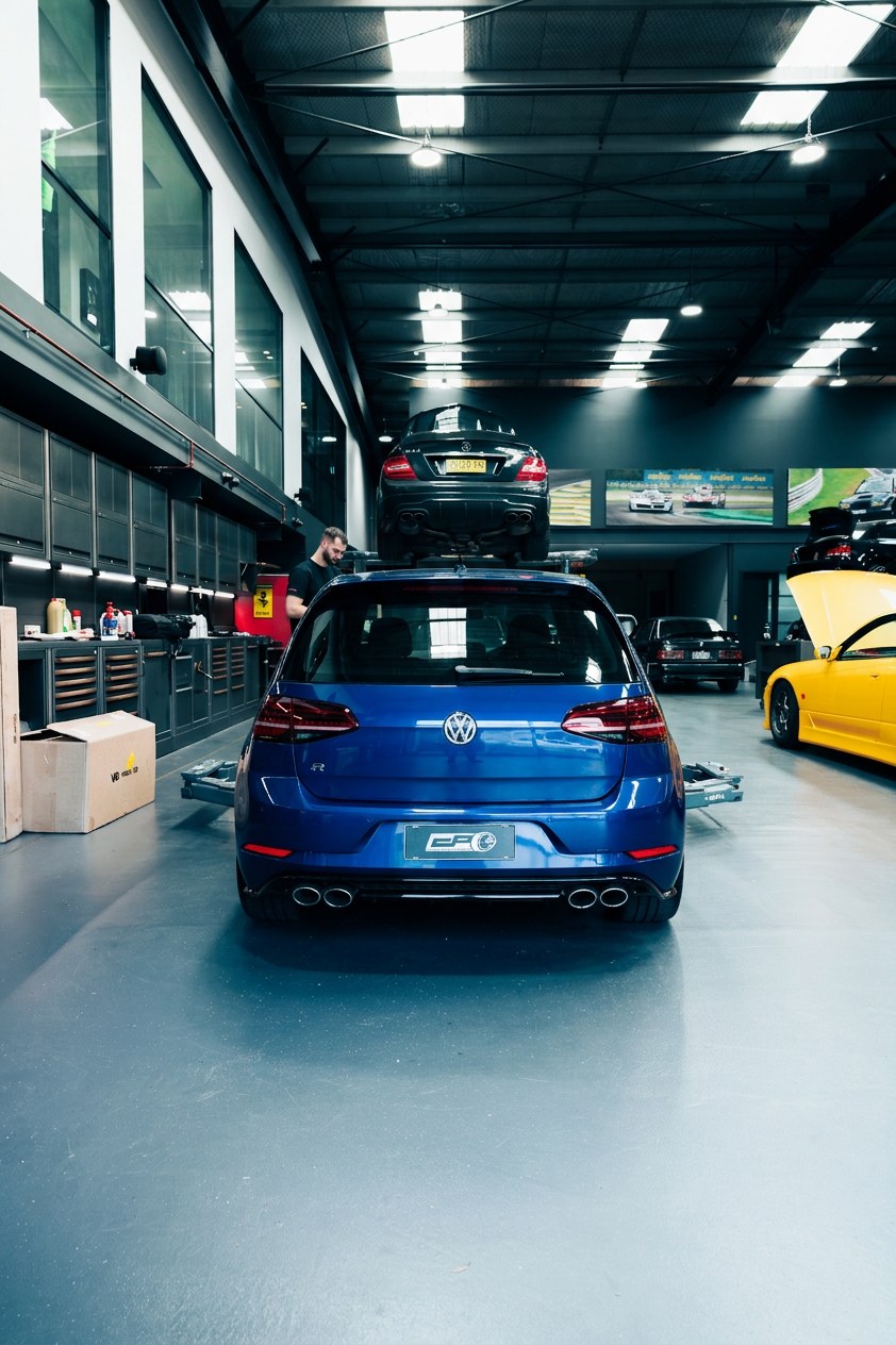 Blue Volkswagen Golf R in the workshop